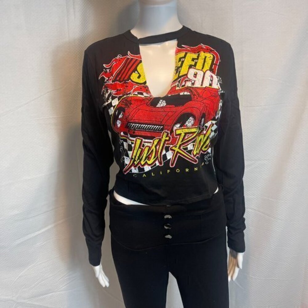 Just Ride Cut Out V-Neck Long Sleeve Cotton Tee -‎ Black Size M RefFNB3 - Picture 6 of 11